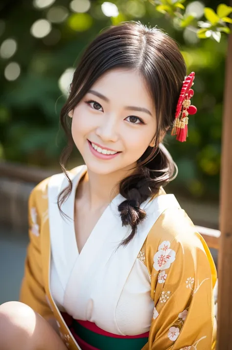 Pure Japanese kimono girl, wearing traditional kimono, natural hair styles, sweet smile, sitting relaxed mood, sweet temptation, refreshing in early summer, professional portrait photography, 