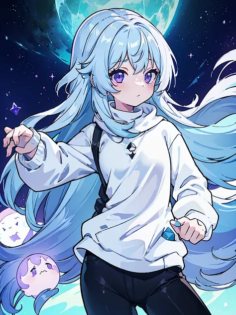 A 6 year old girl, Named: Luna, with long light blue hair, greenish purple eyes, and white skin tone, With a normal personality, Wearing a white sweatshirt, and black pants.