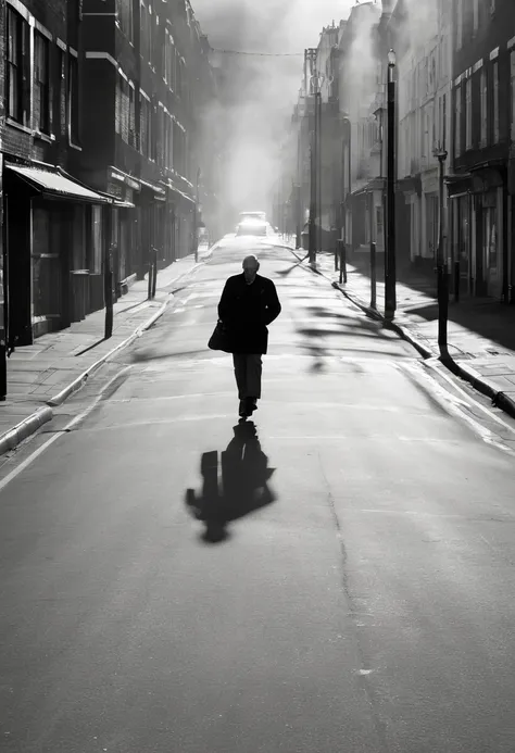 a person walking down a street., Dusty street, Smoking on the street, Street photography, Leading lines, HD street photography, Human walking, Streets, Empty street, Middle of the street, by Andrew Geddes, Street photography, Street perspective, by Robin G...