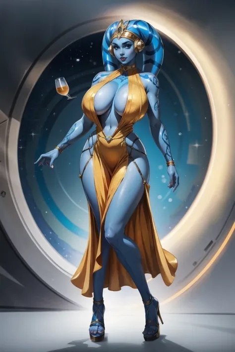 Playful Blue Skin Twilek with (huge breasts) wearing a tight short gold cocktail dress, short dress, high neck, sleeveless, (keyhole cleavage), tattoos, gigantic natural breasts, cleavage, long legs, toned, slim hips, small waist, full-body shot