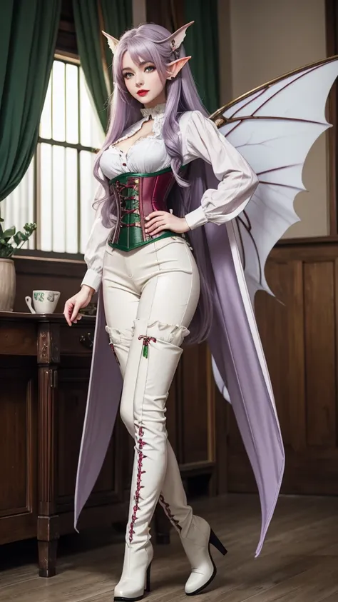 Irish woman, anime, modest, beautiful, high quality, night, 8k, long waist length light pale purple hair, green eyes, red lips, eyelashes, 1700 century pants, corset, white blouse, boots, elf ears, large fairy wings