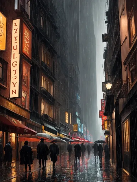 (masterpiece,best quality: 1.2), ultra-detailed face, (muted colours:1.2, dark studio, rim lighting, two tone lighting, dimly lit, low key,  ), ((heavy rain weather)),long leather rain coat,
 a poster for a 1930s (style), gloomy atmosphere,night city stree...