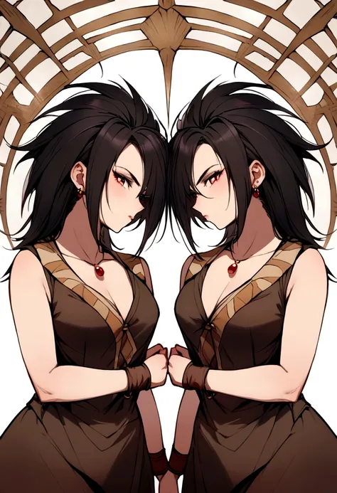 Make me a female Saiyan, long dark hair, make her wear stone age clothes