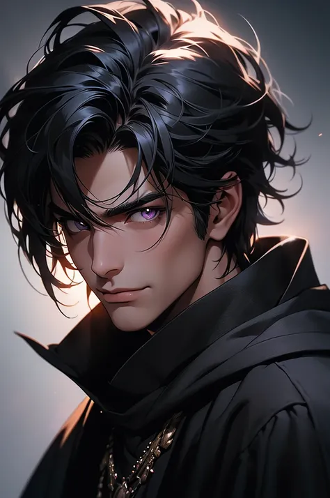 Portrait of a man with dark gray hair, smooth and short, violet eyes. He wears black medieval clothes with a Cretan cape. He smiles sarcastically, in a medieval castle setting. 2d ART tormenta 20 style, d&D art, RPG art roguish smirk, handsome guy in demon...