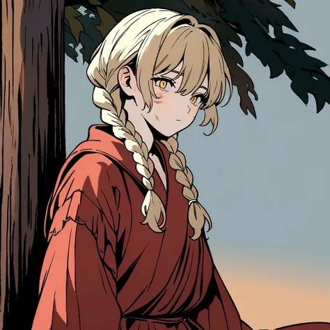 Masterpiece, High quality, High quality of art, anime lineart, Oil painting style, 1boy, Femboy, Light golden hair, braids, Yellow eyes, red shadows and bruises under the eyes, calm, half-asleep, near a large tree, feminine, in simple rustic clothes, 