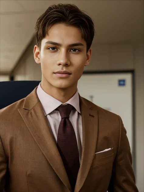 a teenage male model with brown hair, light skin, short hair, wearing formal wear in an office environment, professional work photography session, detailed facial features, sharp focus, high quality, 8k, photorealistic, studio lighting, dynamic pose, envir...