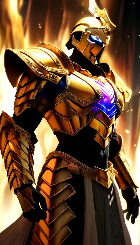 a spartan warrior, with an armed guard, dazzling armor with details on the chest, gleaming golden armor, epic, 8K