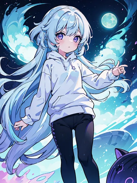 A 6 year old girl, Named: Luna, with long light blue hair, greenish purple eyes, and white skin tone, With a normal personality, Wearing a white sweatshirt, and black pants.