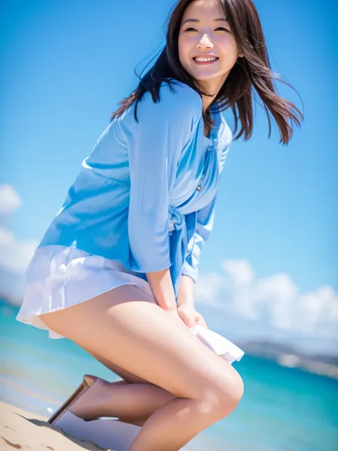 Ultra Realistic, Photo, Top Quality, 8K, 32K, Cute Japanese Woman, beach, happy, smiling, blush, knee high, blue sky, shoulder length hair, photo, blurred background only, detailing,