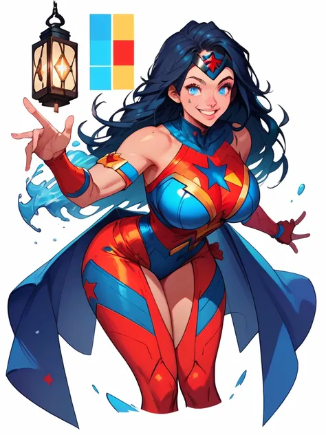 score_9, score_8_up, score_7_up, score_6_up, 1girl, superwoman, black long hair, blue eyes, big breast, lantern, leaning forward, cute pose, big breasts, thick thighs, smile, looking at viewer, cute, simple white background, dynamic pose, sexy, splash art,...