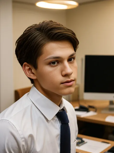 a teenage male model with brown hair, light skin, short hair, wearing formal wear in an office environment, professional work ph...