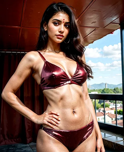 16 year cute, beautiful and hot Indian girl is wear red glitter hip high slits, she has very sexy triangular figure 