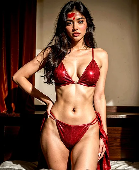 16 year cute, beautiful and hot Indian girl is wear red glitter hip high slits, she has very sexy triangular figure 