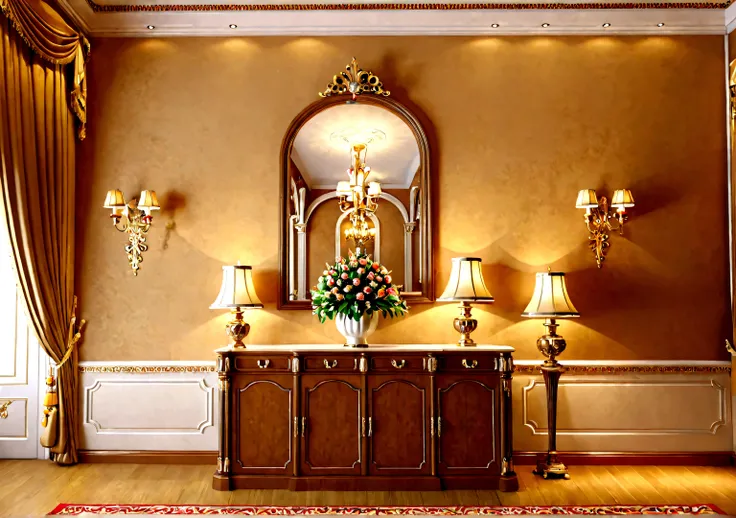 Front view，Close-up，Head-up view，European style palace room interior scene，There is a cabinet，There is a flower arrangement，There are ornaments，With wall lamp，No display door，No windows displayed，No characters，Light brown room style，Super Realism，Light Eff...