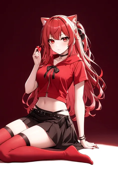 a girl with a red skirt and a black skirt that is under the red shirt . red stockings . red zip up hoodie, black shirt underneath with short sleeves and ,red hair, long hair and a flower with a ribbon on the bottom on the side on the hair and red eyes has ...