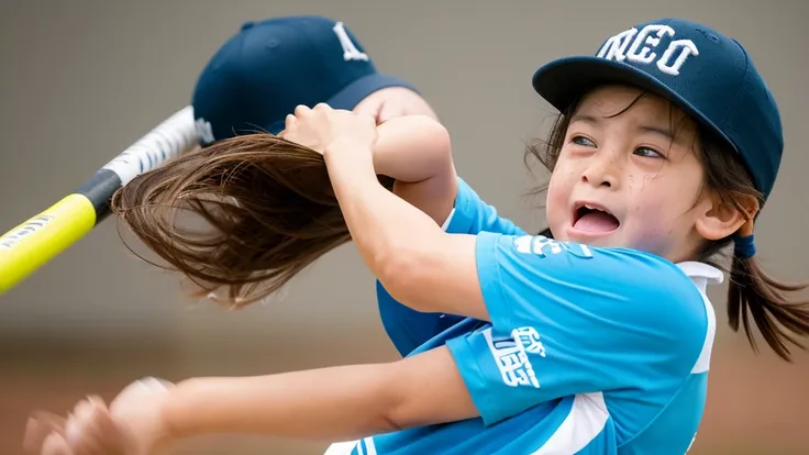 Create a hyperdetailed photorealistic image of a towheaded eight year old tomboy girl with freckles swinging at a baseball with a baseball bat. The look of great effort, determination, and frustration on her face is shown in high definition. The motion of ...