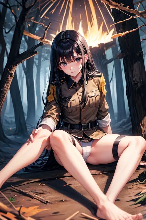 Best image quality, forest, Bonfire, midnight, uniform, army, ""White underwear"", stand, Spread your legs, Rainfall, Black Hair, ""woman"",