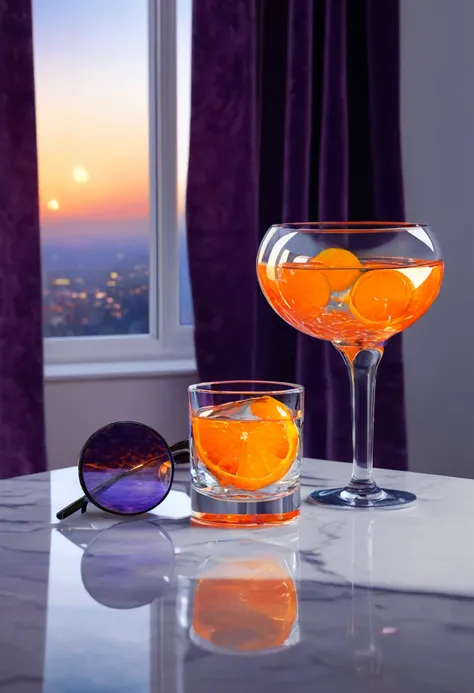 surreal glass shape, liquid glass, chromatic aberration, broken prism, refraction, light caustics, smokey background, detailed illustration , oranges on a white marble table, deep purple velvet drapes, 8k, photography style,2 glasses with orange biolumines...