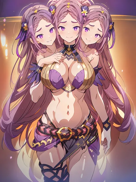 (masterpiece, best quality), best resolution, (3heads:1.5), 1girl, dark ppink-violet hair, long flowing hair, smiling, seductive smile, smirk, open belly, dark purple-gold crop top, dark purple miniskirt, open breasts, very huge tits, sexy pose, alluring p...