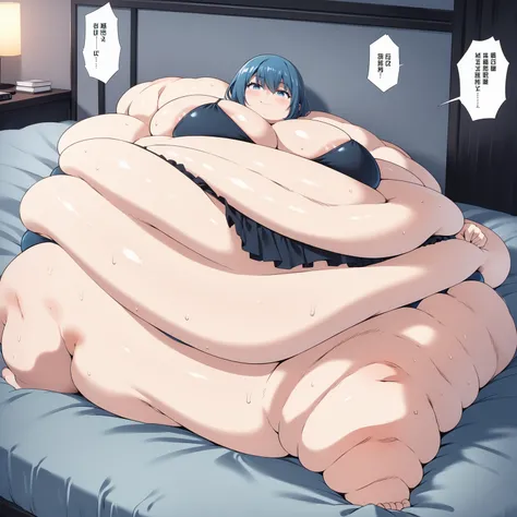 A very obese big girl, ((blob)), short blue hair, black bikini, perfect body, in a room lying on a bed, very fat limbs, a big fat belly, big breasts, big ass