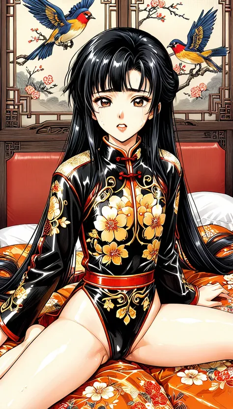 8k Tragic historical drama in live-action style: Beautiful palace secrets　Beautiful Chinese 10 year old kung fu girl with long black hair gets humiliated and fucked　Gorgeous embroidery, Ultra glossy, She is wearing a shiny gold long sleeve floral kung fu s...