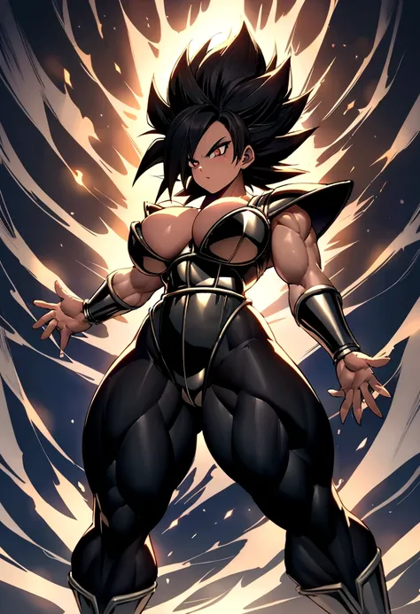 Make me a female Saiyan, long dark hair, Now make it using Vegeta&#39;s armor, larger, defined breasts and thighs, dark pants that cover his voluminous, muscular thighs 