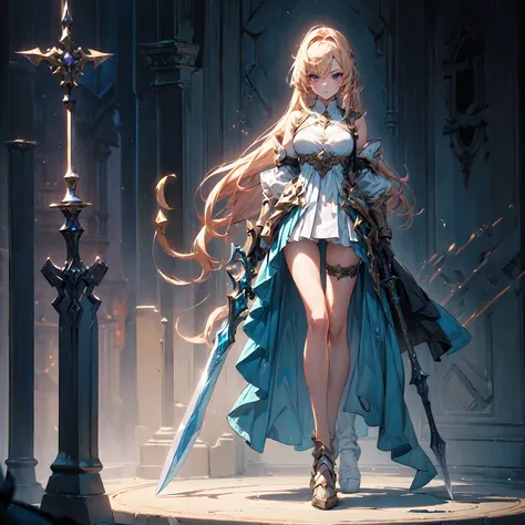 Design a layout showcase Gaming character, (1girl). Golden+Purle clothes, stylish and unique, ((showcase weapon:1.4)), magic staff, (masterpiece:1.2), (best quality), 4k, ultra-detailed, (Step by step design, layout art:1.5), (luminous lighting, atmospheri...