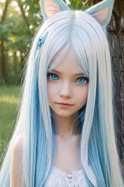 Create beauty girl with long white blue hair blue eyes fairy ears 