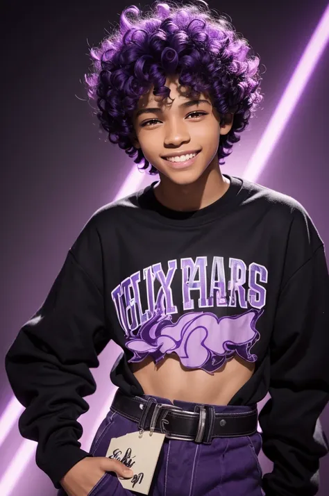 14 year old teenage boy smiling purple hair with black purple clothes with yellow and black brown skin and curly hair and dark brown eyes the background behind can be light purple with dark purple and dark blue