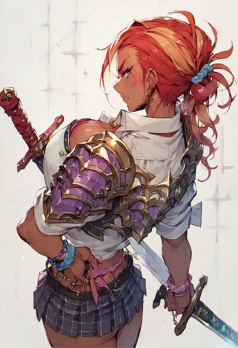 (( girl ,gyaru)),with sword,stand,armor,red hair tied back,linen_clothes