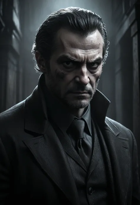 a dangerous and cunning villain,masterfully portrayed,dramatic lighting,cinematic composition,dark and gritty atmosphere,strong chiaroscuro,complex facial features,intense gaze,sinister expression,menacing posture,mysterious and enigmatic character,high co...