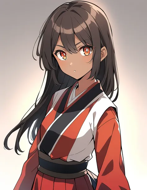 1light brown skin girl, amber eyes and black hair, straight and hip length, dressed as a , anime style, Good quality, bright Eyes, anime, elite japanese uniform