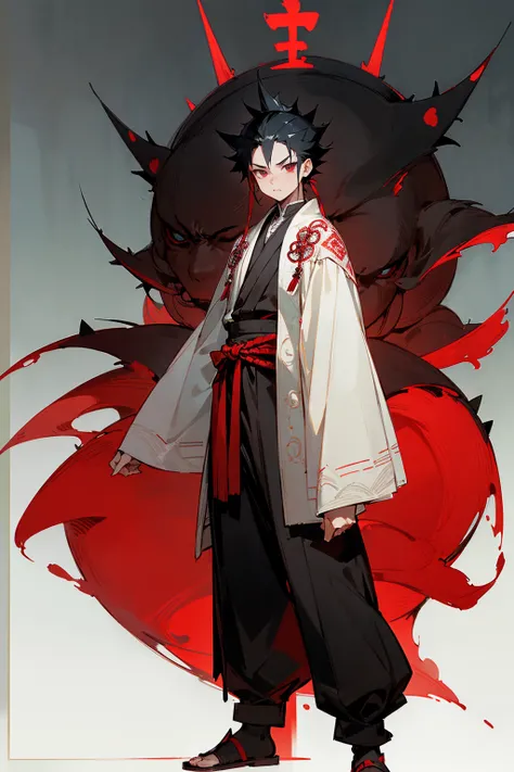 Masterpiece Quality, Perfect Generation, Sclera, Detailed Eyes, , Red And Black Long Spiky Hair, Muscular, Black And Red Haori, Bored Expression, , Full Body, Demon Slayer, Temple Background, Standing, Facing Viewer, Male, Standing Outside Temple In Forest...