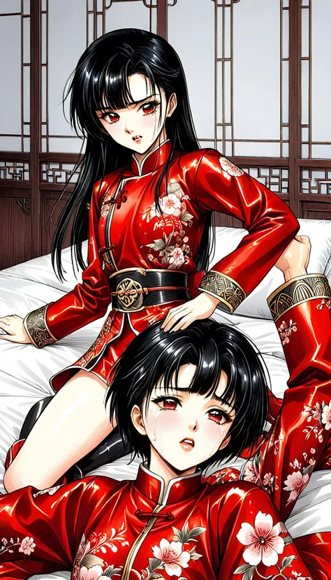 8k Tragic historical drama in live-action style: Beautiful palace secrets　Beautiful Chinese 10 year old kung fu girl with long black hair gets fucked by demon king　Gorgeous embroidery, Ultra glossy, She is wearing a shiny red long sleeve floral military ku...