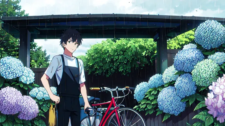 ((Highest quality)), ((masterpiece)), (detailed), Highest quality、High resolution、８K、male、male子学生、17 years old、soaked、bicycleを全力で漕いでいる、bicycleに乗っている、Very cloudy sky、Shower、Japan、City、bicycle、White short sleeve shirt、Black trousers、bicycleに乗ったJapanの学生服を着たma...