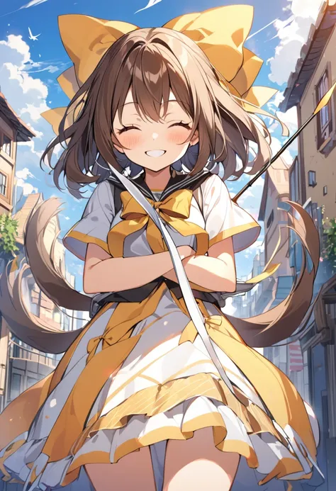 1 girl, alone, broad, blush, smile, brown hair, bow, two tails, closed eyes, weapon, short sleeves, hair bow, sky, day, blue sky...