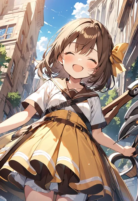 1 girl, alone, broad, blush, smile, brown hair, bow, two tails, closed eyes, weapon, short sleeves, hair bow, sky, day, blue sky...