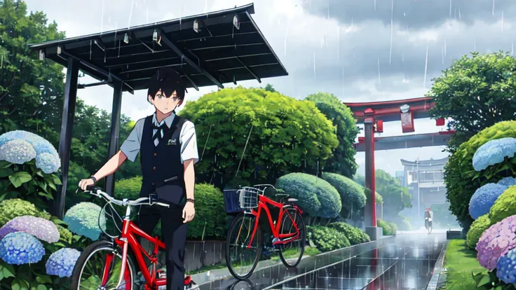 ((Highest quality)), ((masterpiece)), (detailed), Highest quality、High resolution、８K、male、male子学生、17 years old、soaked、bicycleを全力で漕いでいる、bicycleに乗っている、Very cloudy sky、Shower、Japan、City、bicycle、White short sleeve shirt、Black trousers、bicycleに乗ったJapanの学生服を着たma...