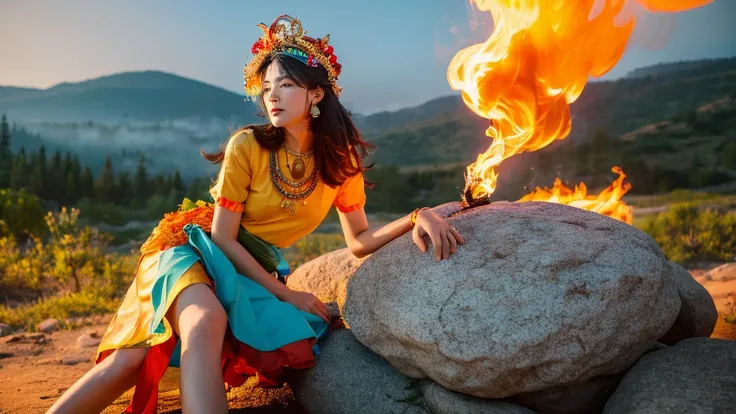  The image features a woman sitting on a rock, surrounded by a fire and smoke. She is wearing a colorful headdress and a skirt. 