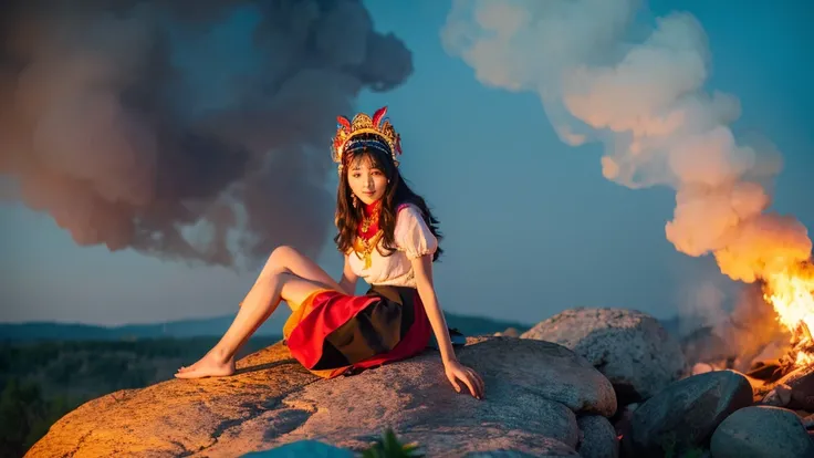  The image features a woman sitting on a rock, surrounded by a fire and smoke. She is wearing a colorful headdress and a skirt. 