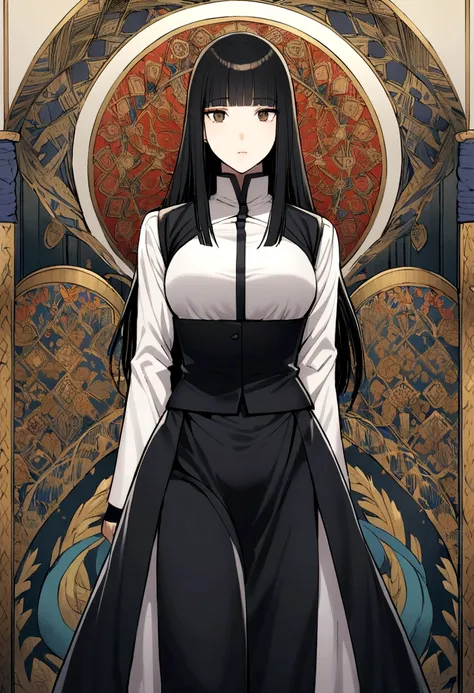 a tall woman with long black hair and bangs, she has brown eyes, she is wearing a jujutsu high uniform, she is wearing a long boots too