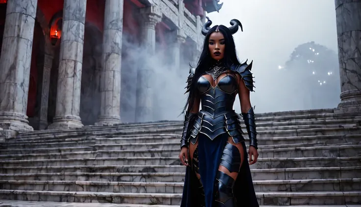 beautiful woman with dark blue skin, long black hair, dressed in black dragon armor, walking down some marble stairs of an ancient temple, in the background there is a throne, columns, red fog, dark fantasy image, ethereal, atmosphere, cinematic lighting, ...