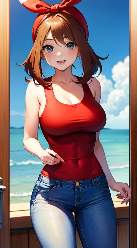 brown hair，blue eyes，short hair，Double tail，red headscarf，Red race swimsuit，Xiaoyao【Pokémon】blush，Smile，big breasts，Denim shorts，bedroom background, standing, idle