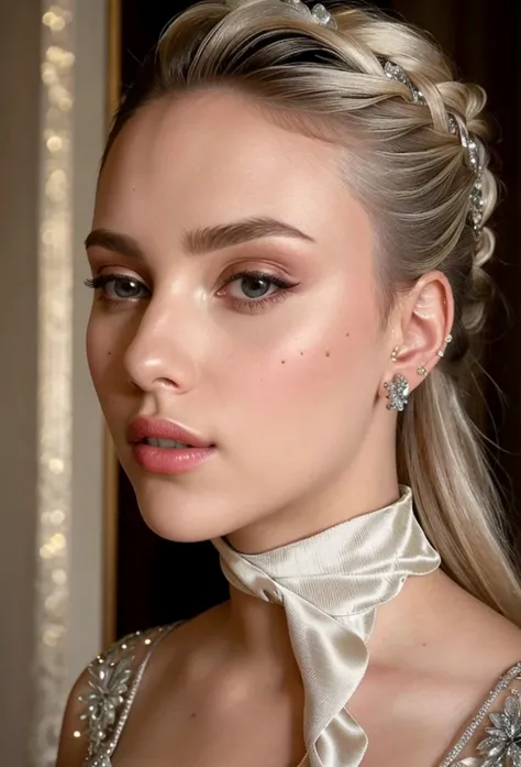 (masterpiece, best quality), intricate details, realistic, photorealistic, a close up of a woman wearing earrings, inspired by, draped in crystals, silver color, long earrings,huge earrings, platinum jewellery, earring, flawless structure, silver earring, 