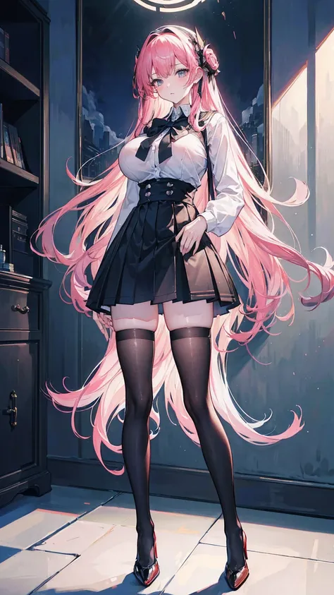 (masterpiece, top quality, best quality, official art, beautiful and aesthetic:1.0), (8k, best quality, masterpiece:1.2), very long hair,(full body:1.3), (large breasts:1.4), very long hair, high heels, black thighhighs, micro skirt, random hair, tall girl...