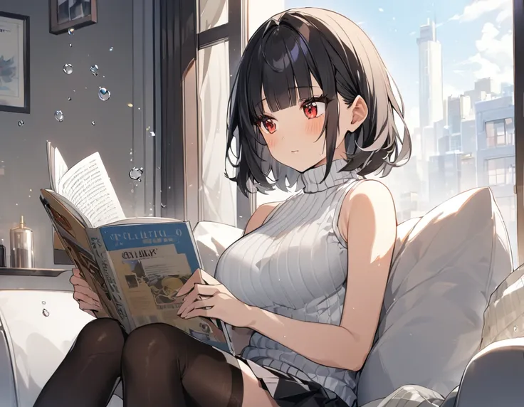 There are water drops on the apartment window. I am lying on the sofa next to the window and reading. 1girl,solo,blunt-bangs,19 years old,short-hair,large_breasts,black-hair,red-eyes, thin_sleeveless_turtleneck_white_sweater,black_pleated_skirt,black_thigh...