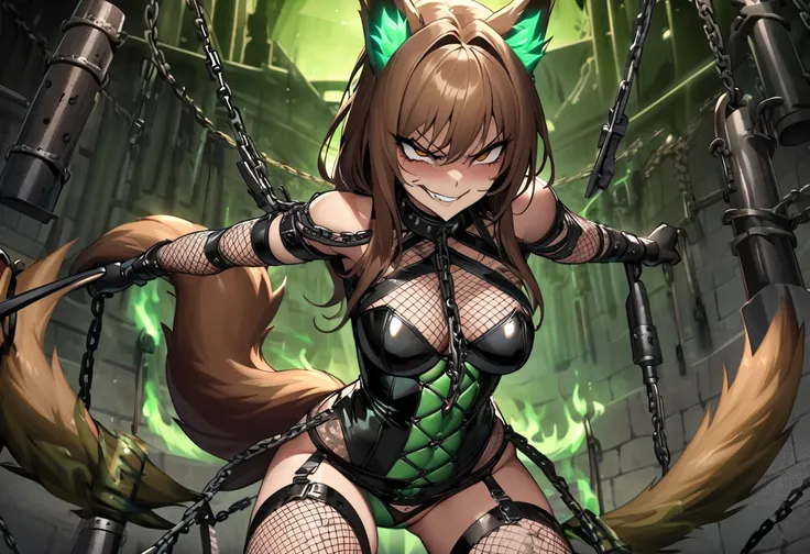 hand drawing, high detail, evil smirk, evil eyes, evil kitsune with tail, seductress in a sex dungeon, ((brown tail)), torture devices, green fire whips, chains, rack, iron maiden, black leather bodysuit, panties, fishnet stockings, garters, brown hair, br...