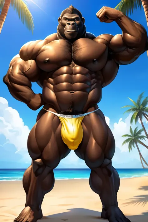 Gorilla exaggeratedly muscular, detailed eyes, prominent and dilated veins, alpha male, oily skin, huge pecs (huge: 2.5), sensual expression, nicebulge, sexy pose flexing biceps, huge ass, sexy expression, (full body), wearing white thong (small, tight), o...