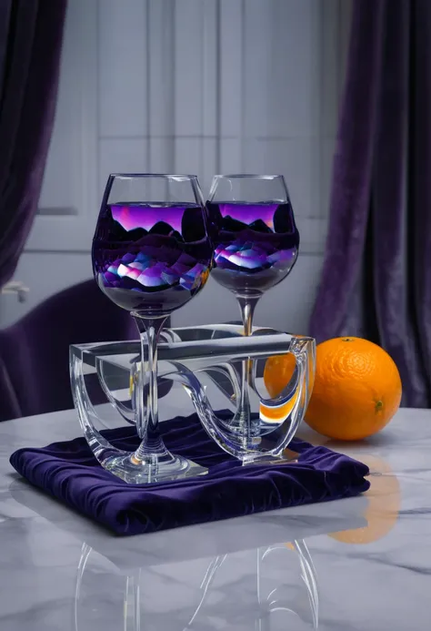 surreal glass shape, liquid glass, chromatic aberration, broken prism, refraction, light caustics, smokey background, detailed illustration , oranges on a white marble table, deep purple velvet drapes, 8k, photography style,2 glasses with orange biolumines...