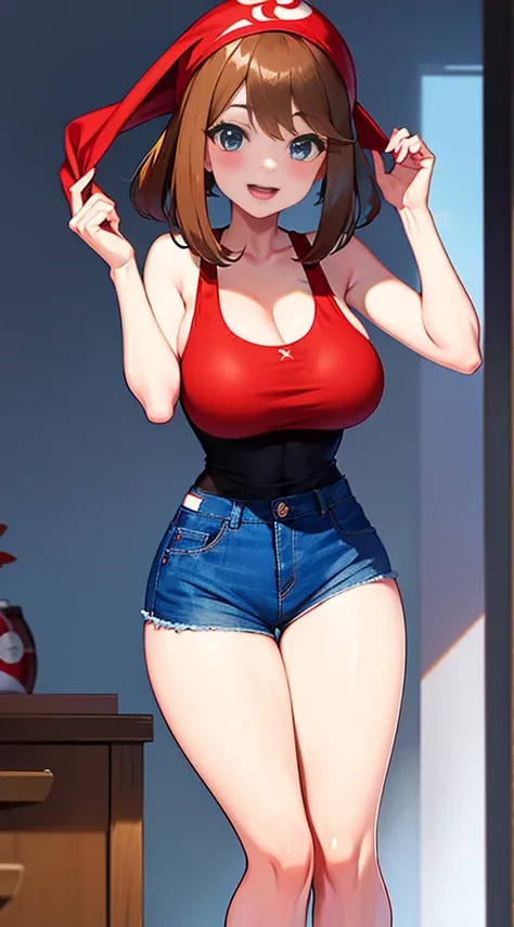 brown hair，blue eyes，short hair，double tail，red headscarf，red race swimsuit，xiaoyao【pokémon】blush，smile，big breasts，denim shorts...